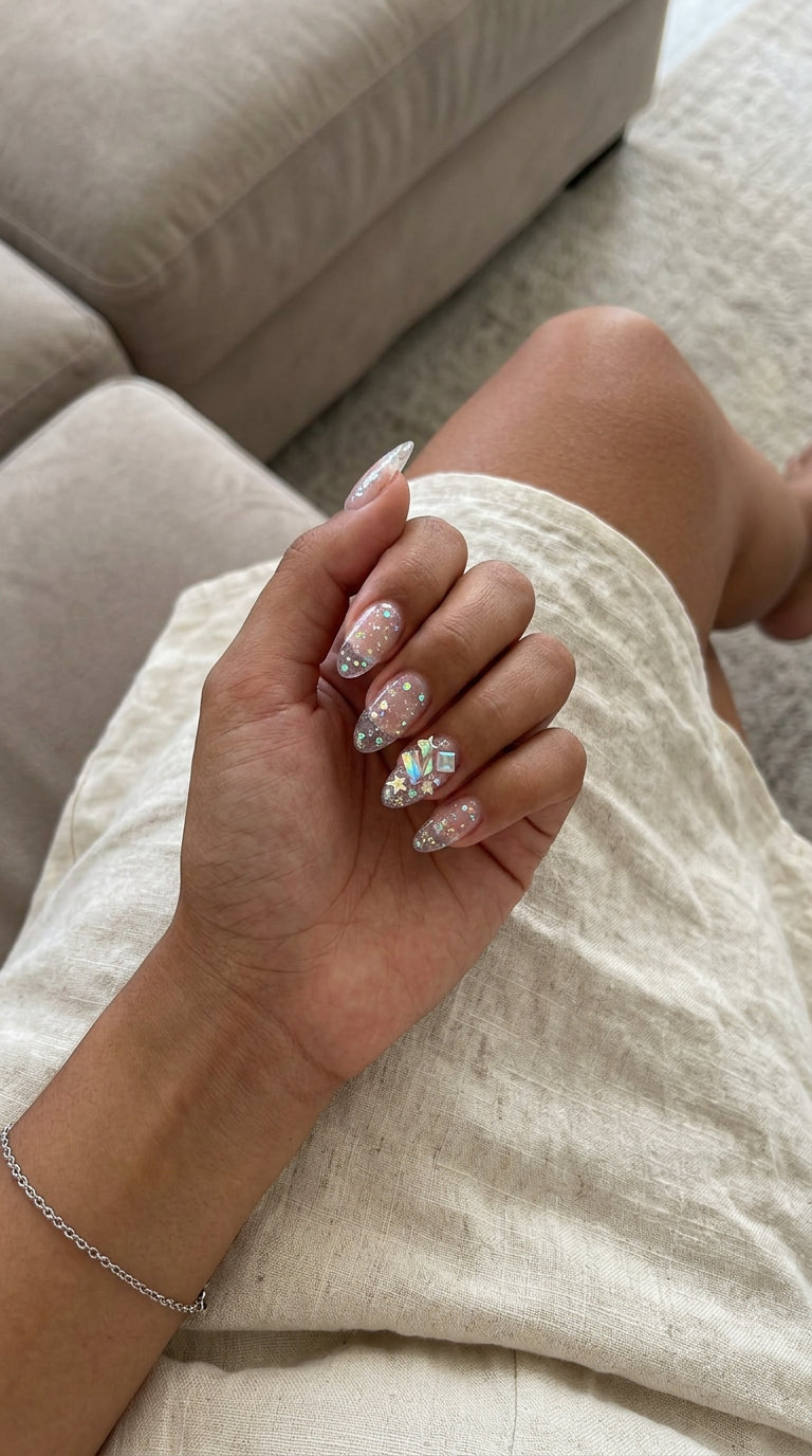 Textured Glitter Charm Almond Nails 2026 Edgy textured charm accent almond nails for a fashion event, a statement summer glitter nails 2026.