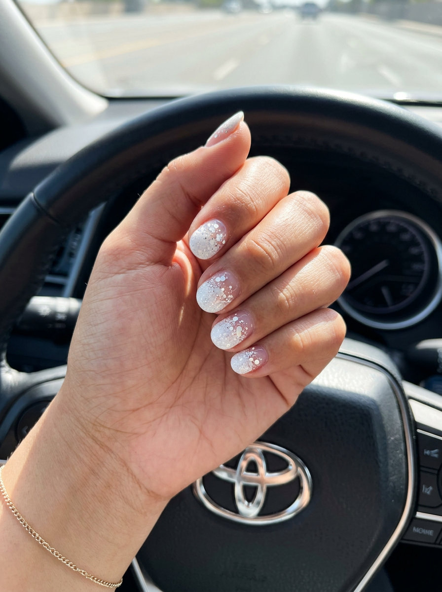 White Glitter Confetti Negative Space Nails 2026 Minimalist white glitter confetti negative space nails for work, a chic summer glitter nails 2026.