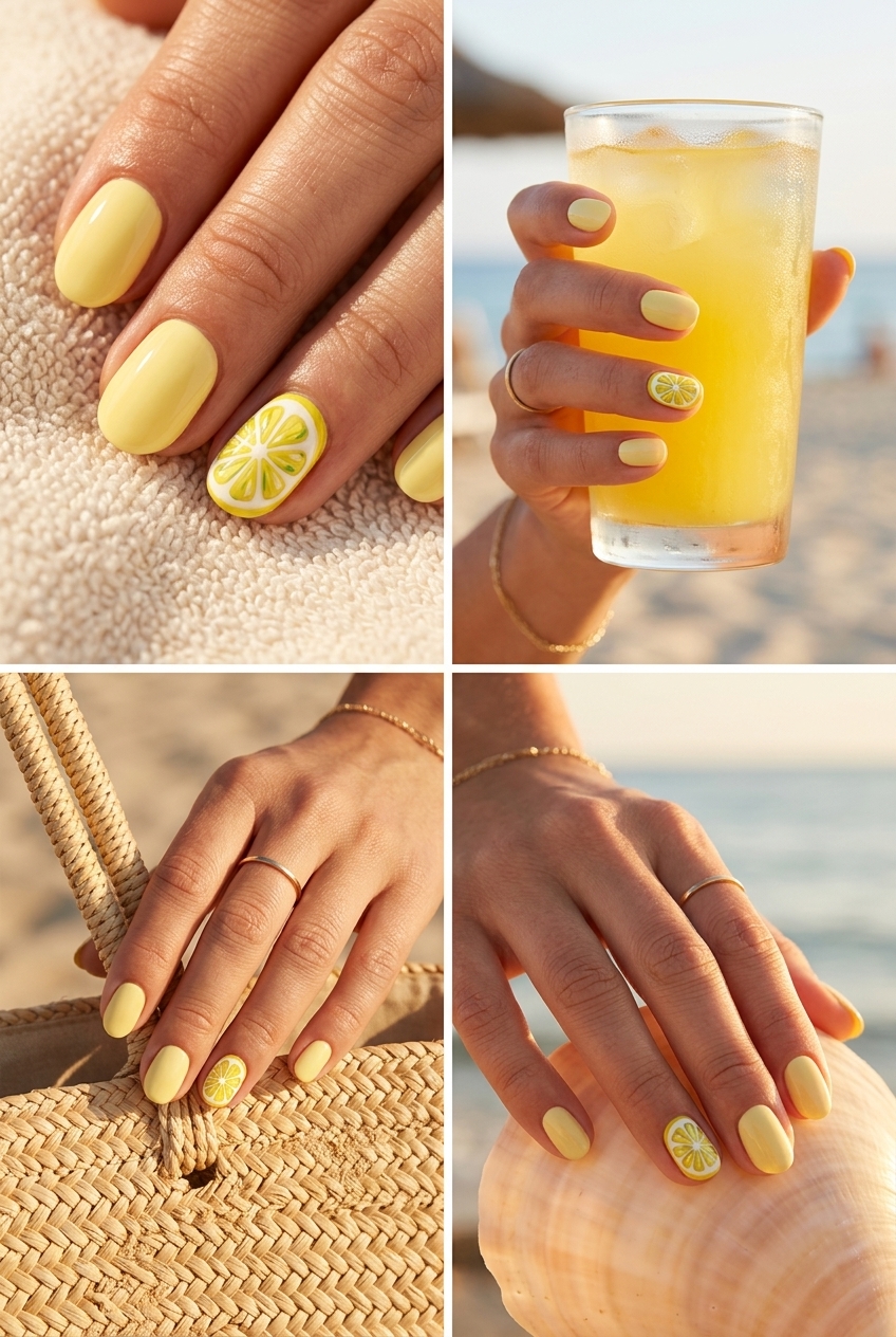Lemon Drizzle Accent Nails 2026 | Vacation Style Summer lemon nails ideas 2026: Playful lemon drizzle accent nail with pale yellow, white, and green details for vacation.