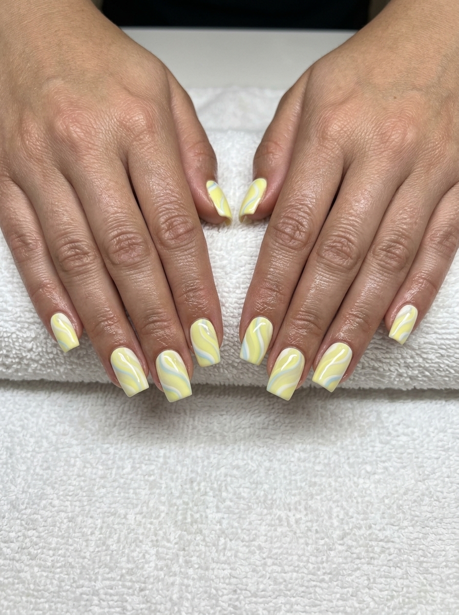 Pastel Lemon Swirl Nails 2026 Playful pastel lemon yellow and pale blue swirl nails for casual vacation and brunch. Summer lemon nails ideas 2026.