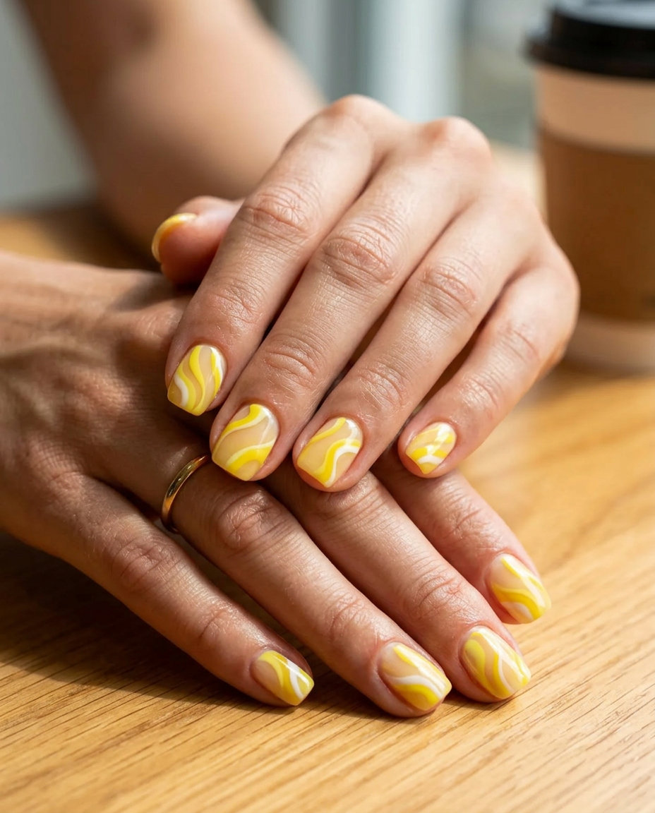 Lemon Slice Swirl Nails 2026 | Summer Vacation Summer lemon nails ideas 2026: Artistic lemon slice abstract swirls in yellow and white for a playful vacation vibe.