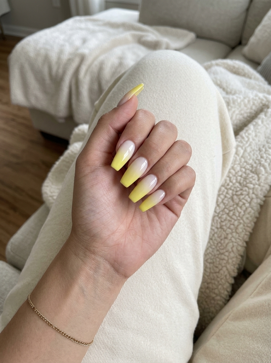 Lemon Sunburst Ombre Nails 2026 | Work Ready Summer lemon nails ideas 2026: Radiant lemon sunburst ombre with nude, soft white, and bright lemon yellow for work.