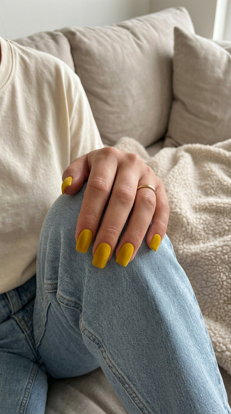 Lemon Twist Velvet Nails 2026 Sophisticated deep lemon yellow velvet nails with matte black or white accents for formal events. Summer lemon nails ideas 2026.