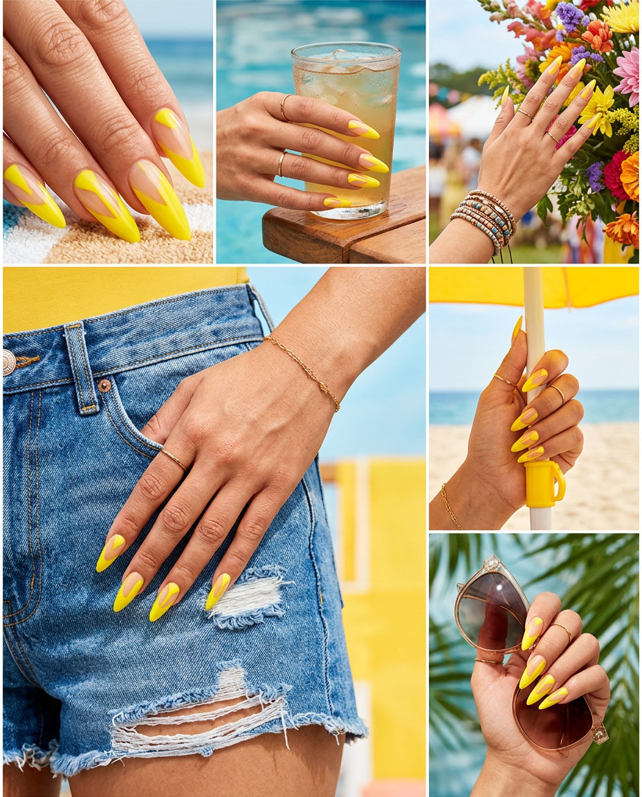 Lemon Wedge Negative Space 2026 | Edgy Art Summer lemon nails ideas 2026: Edgy lemon wedge negative space with geometric shapes for art exhibitions.