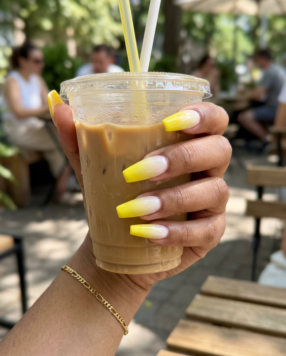 Lemon Yellow Airbrush Ombre 2026 | Festival Vibe Summer lemon nails ideas 2026: Futuristic lemon yellow airbrush ombre with white gradient for festivals.
