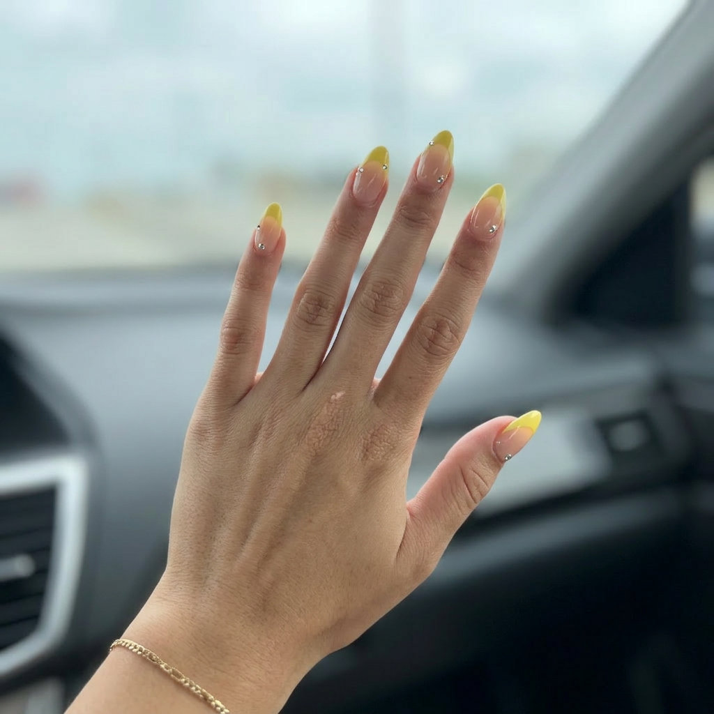 Glamorous soft yellow French tip nails with rhinestones for weddings and summer parties. Summer lemon nails ideas 2026.