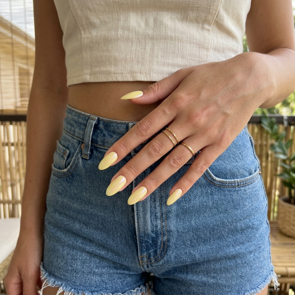 Lemonade Glazed Donut Nails 2026 | Chic Beach Summer lemon nails ideas 2026: Romantic lemonade glazed donut nails with pastel yellow and iridescent white for beach days.
