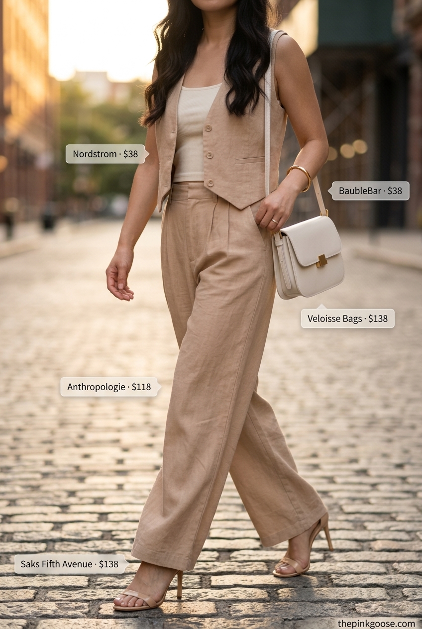 Camel linen wide-leg pants outfit for women 2026. Sophisticated evening wear with ribbed tank and heeled sandals.