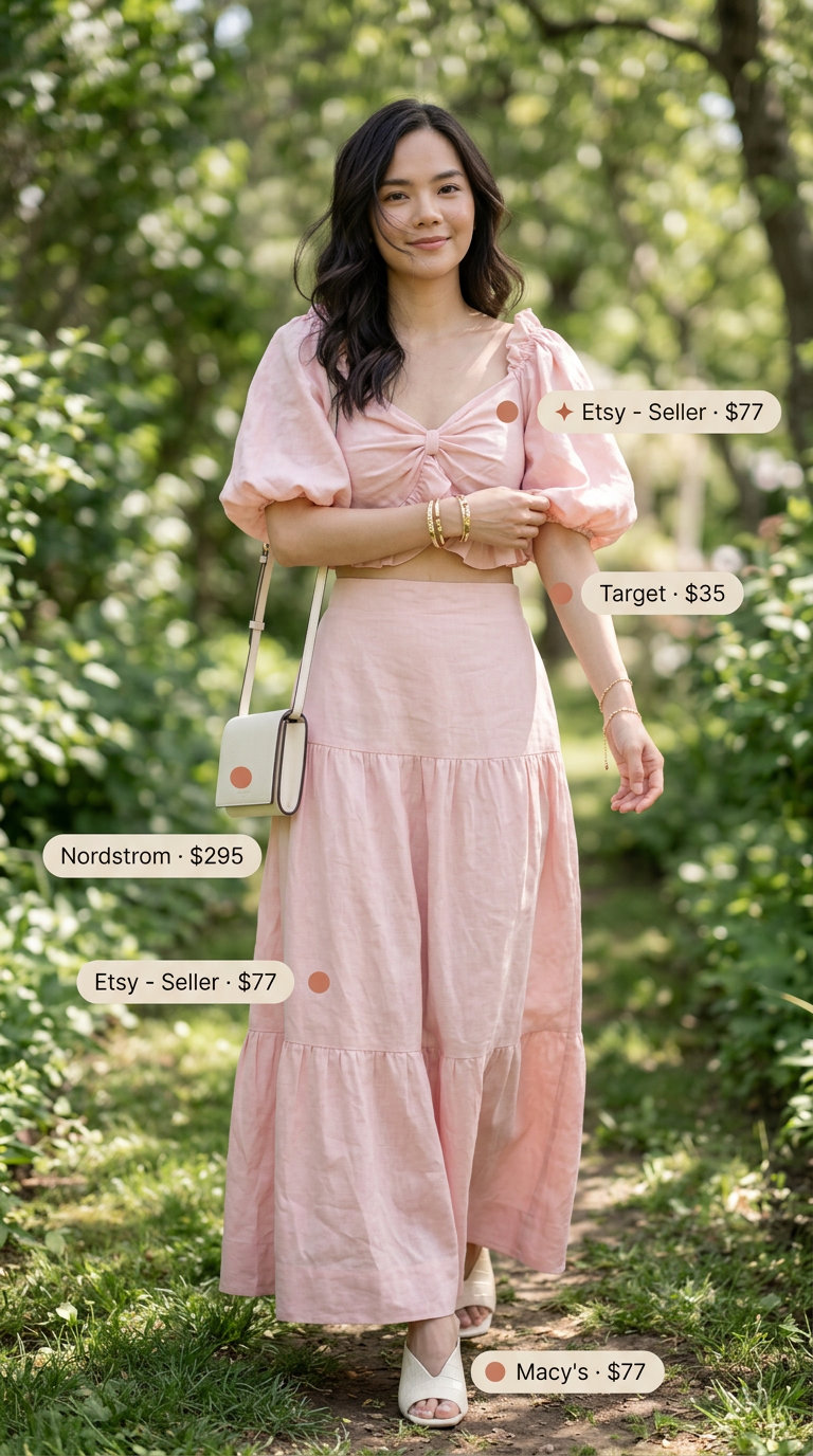 Blush pink linen skirt set outfit for women 2026. Feminine event style with block heels and crossbody bag.