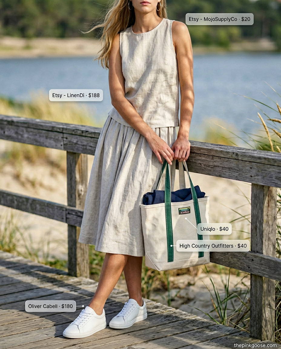 Navy blue linen trouser set outfit for women 2026. Comfortable travel style with sneakers and canvas tote.