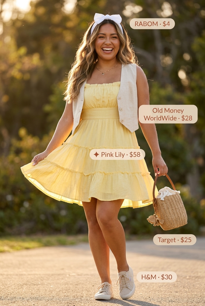 Lemon yellow linen babydoll dress outfit for women 2026. Playful picnic style with canvas sneakers and straw bag.