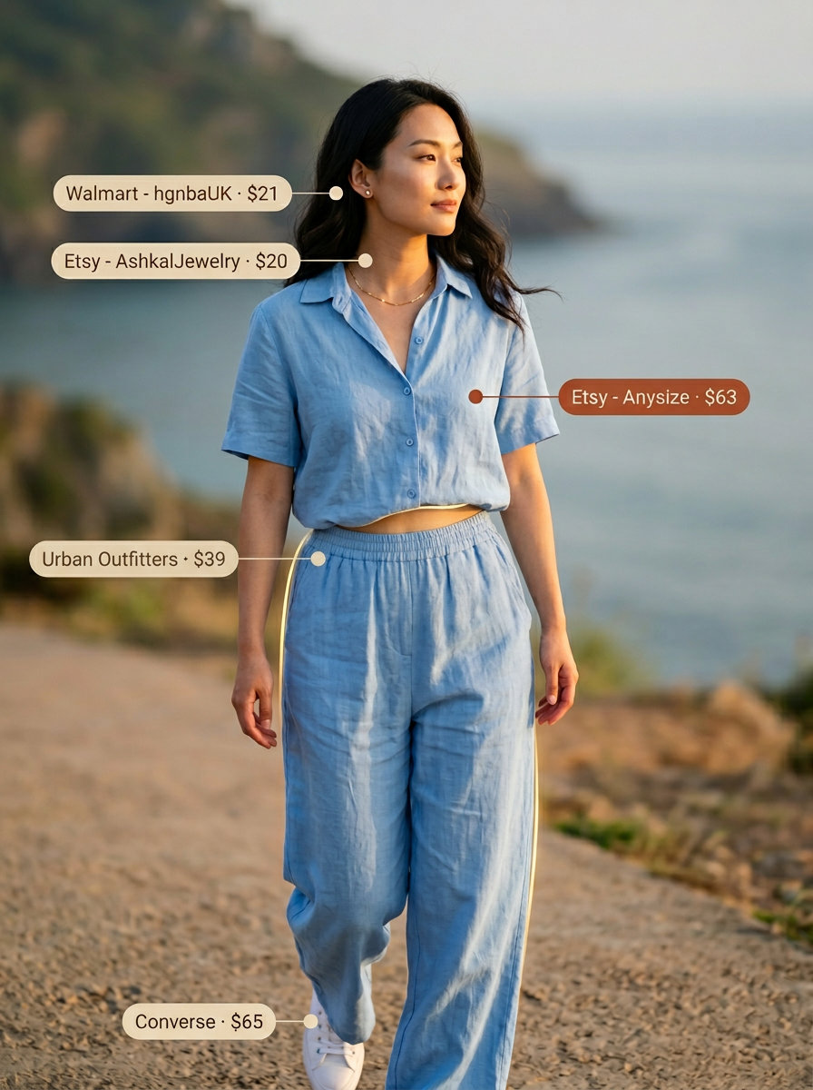 Sky blue linen jumpsuit outfit for women 2026. Practical travel style with sneakers and canvas belt bag.