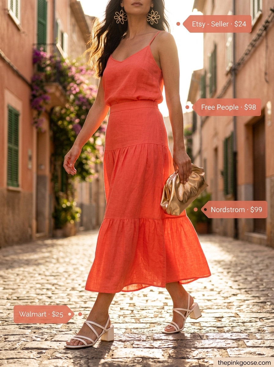 Coral linen co-ord set with heeled sandals and clutch for women's summer outfits 2026. Elegant evening look.