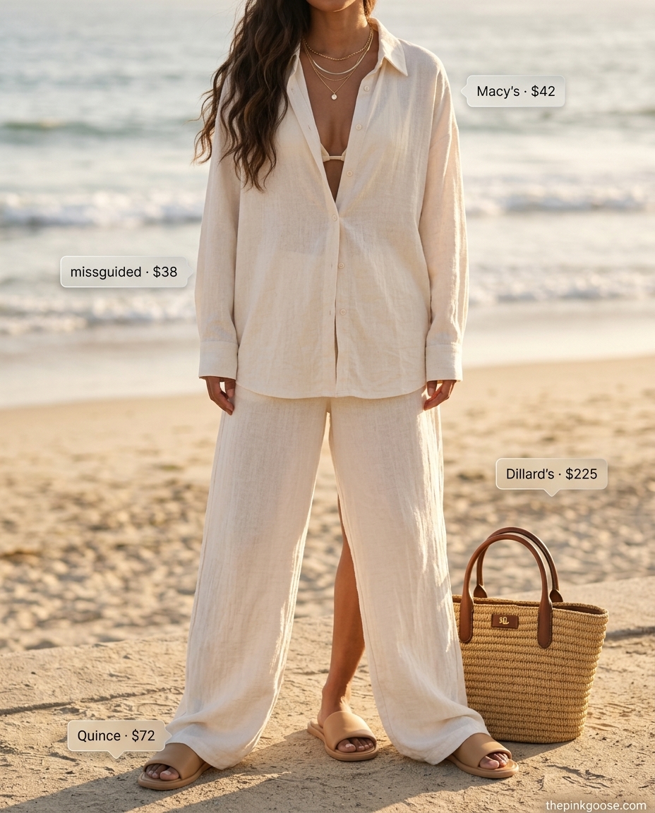 Cream linen co-ord set with straw tote and leather slides for women's summer outfits 2026. Effortless chic.
