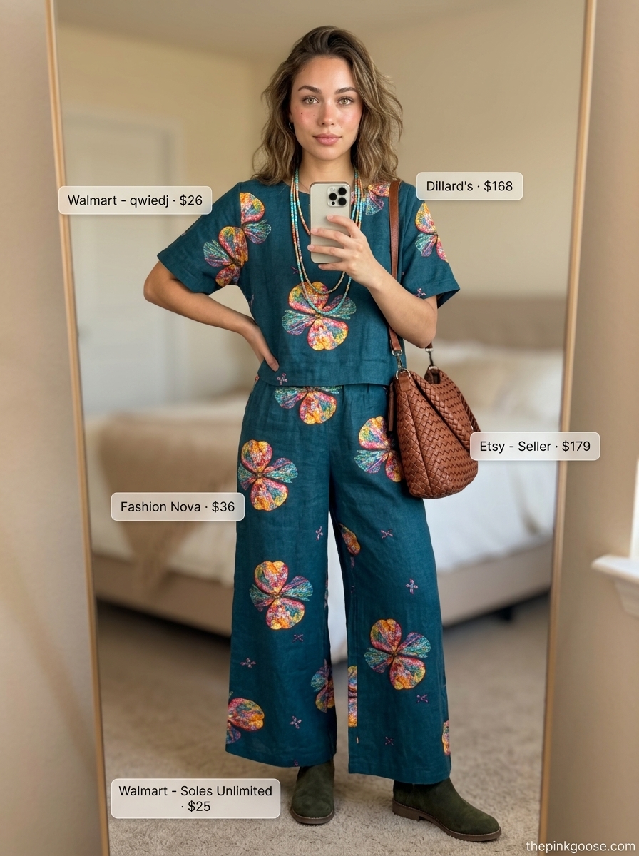 Floral linen co-ord set with suede boots and crossbody bag for women's summer outfits 2026. Bohemian style.