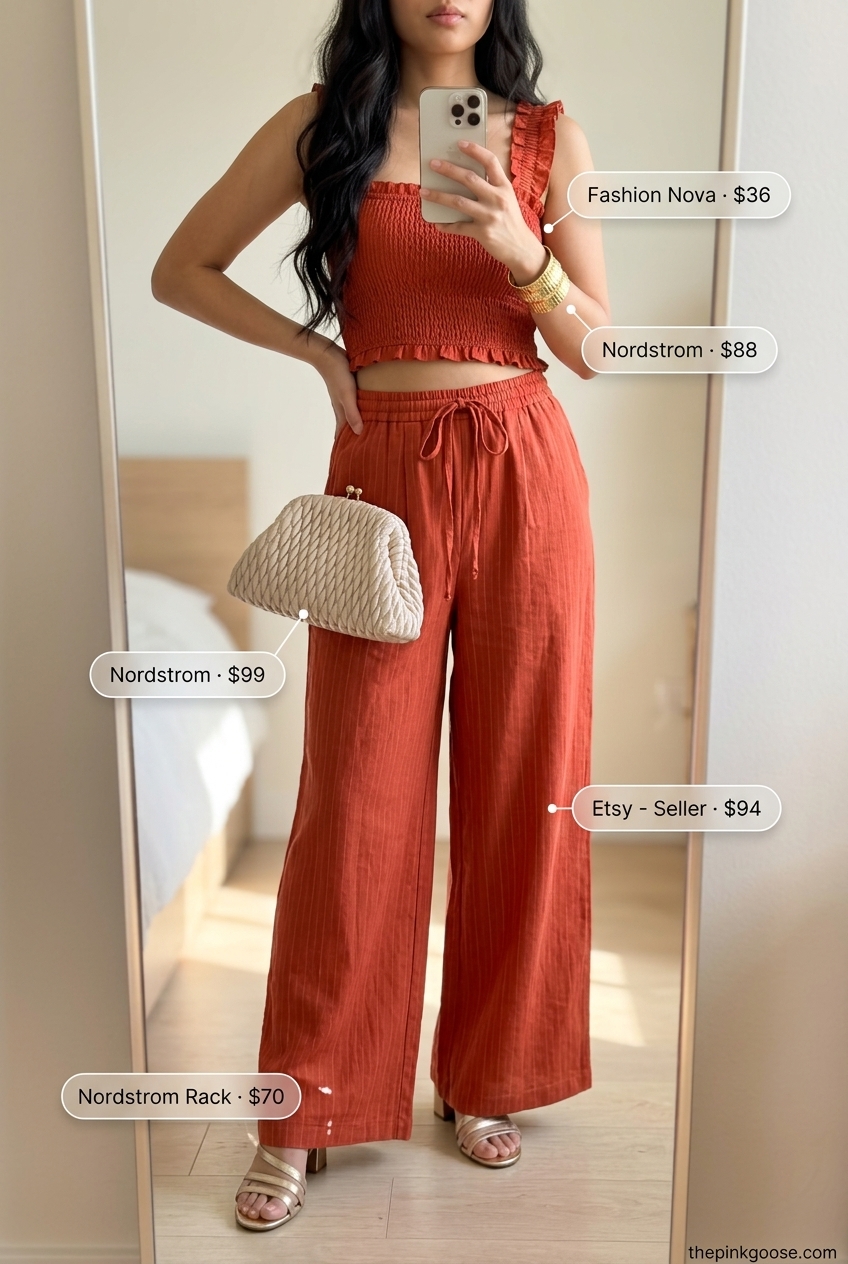 Vibrant terracotta orange linen co-ord set for women, ideal for dinner dates and summer evenings in 2026.