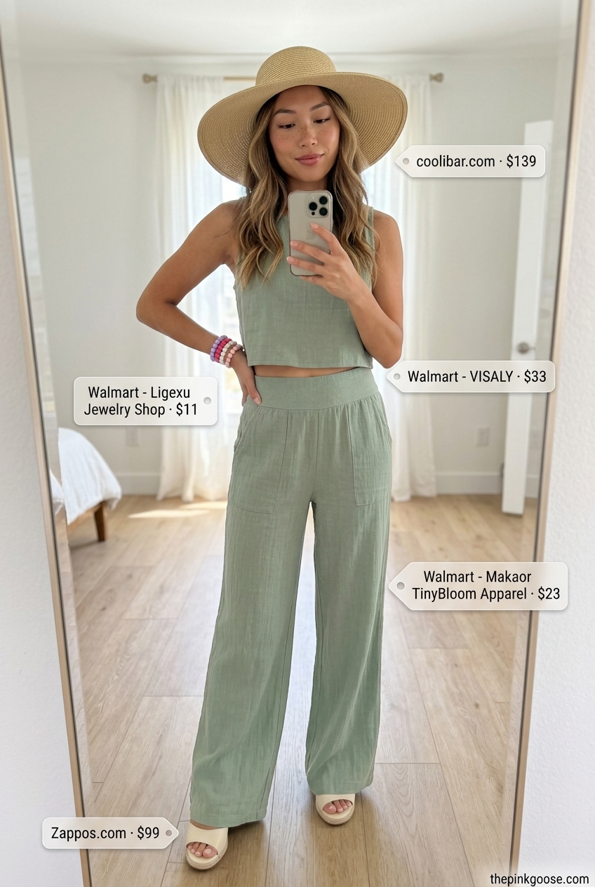 Mint green linen co-ord set with straw hat and espadrilles for women's summer outfits 2026. Beach vacation style.