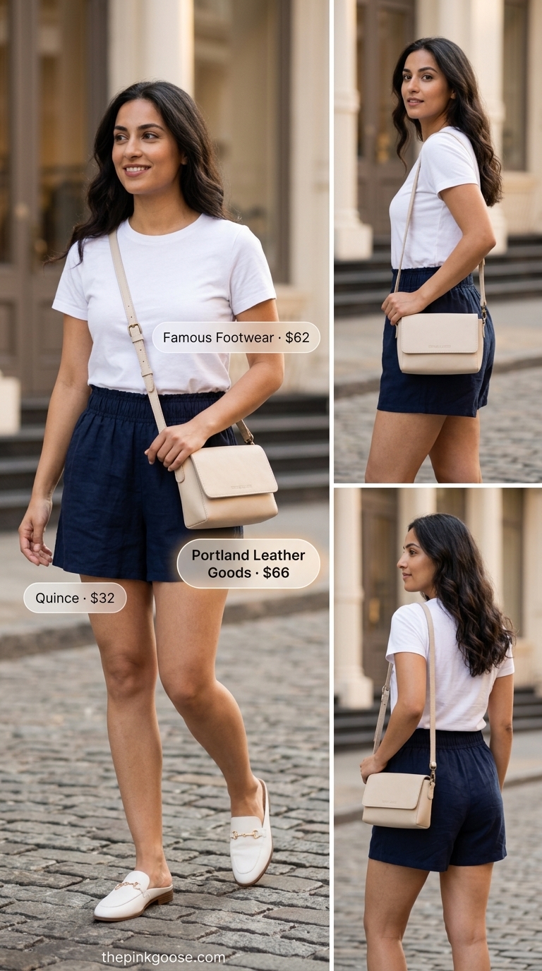 Navy blue linen co-ord set with flat mules and crossbody bag for women's summer outfits 2026. Sophisticated look.