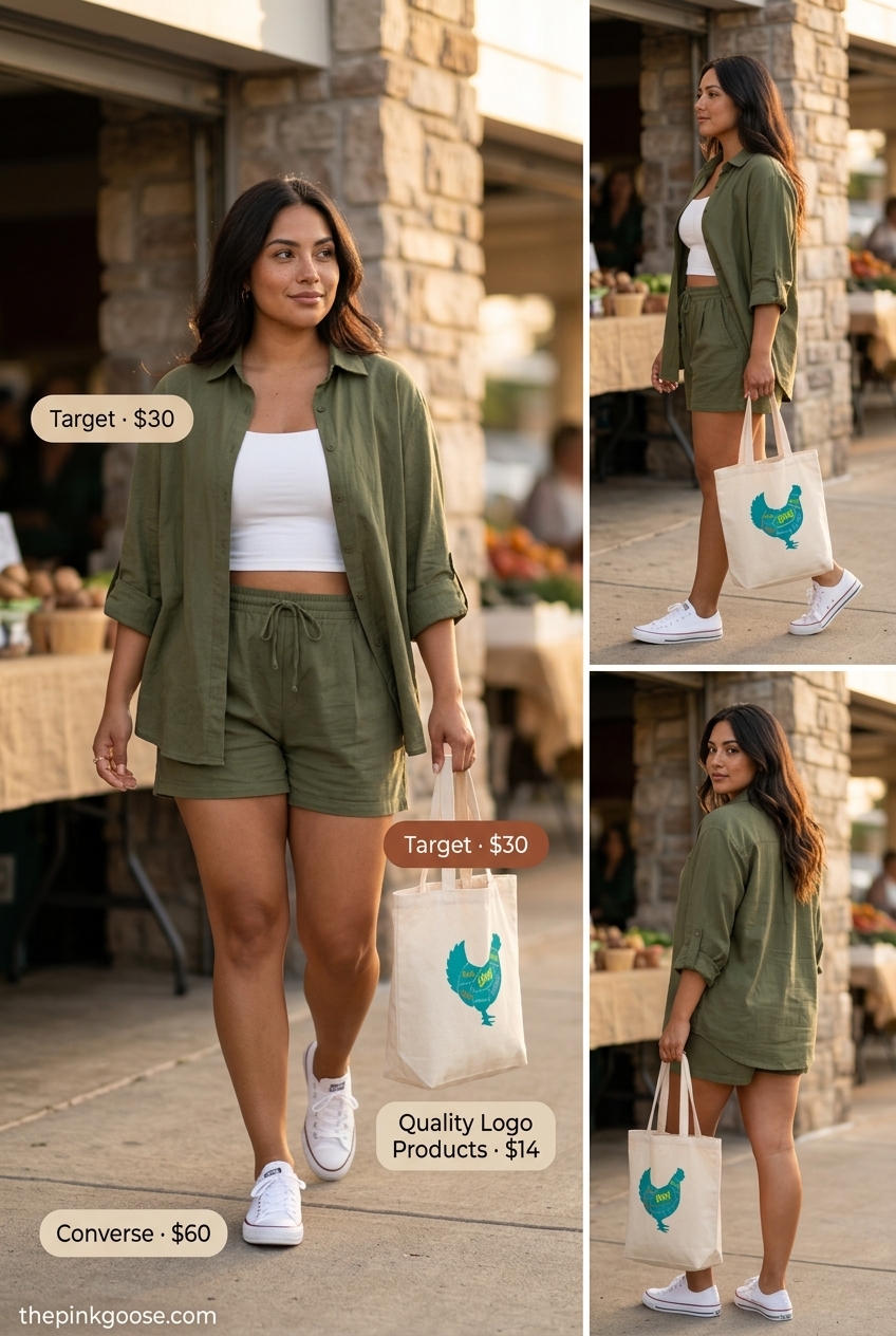 Olive green linen co-ord set with white sneakers and tote bag for women's summer outfits 2026. Perfect for brunch.