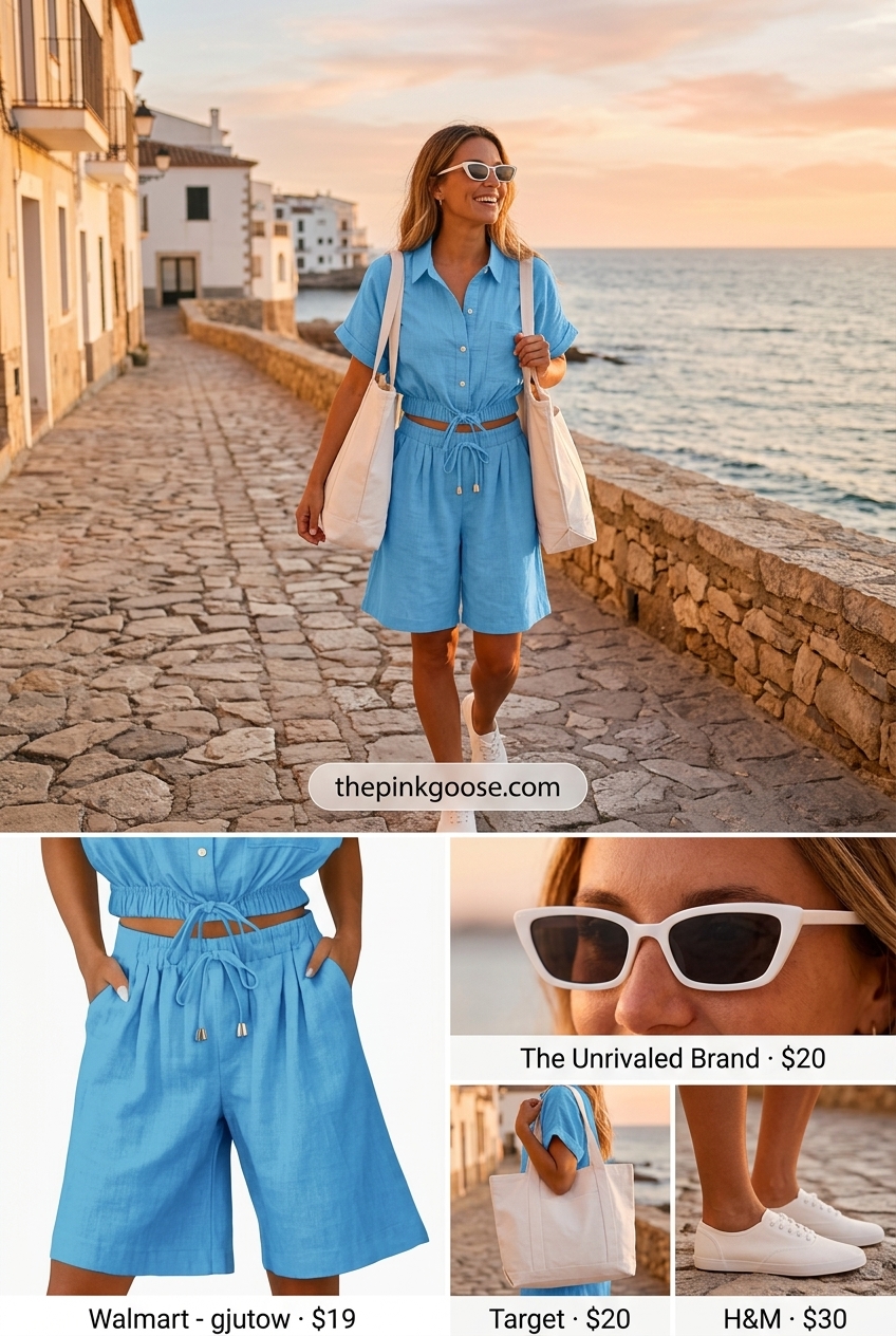 Sky blue and white linen co-ord set for women, perfect for beach days and casual seaside outings in 2026.