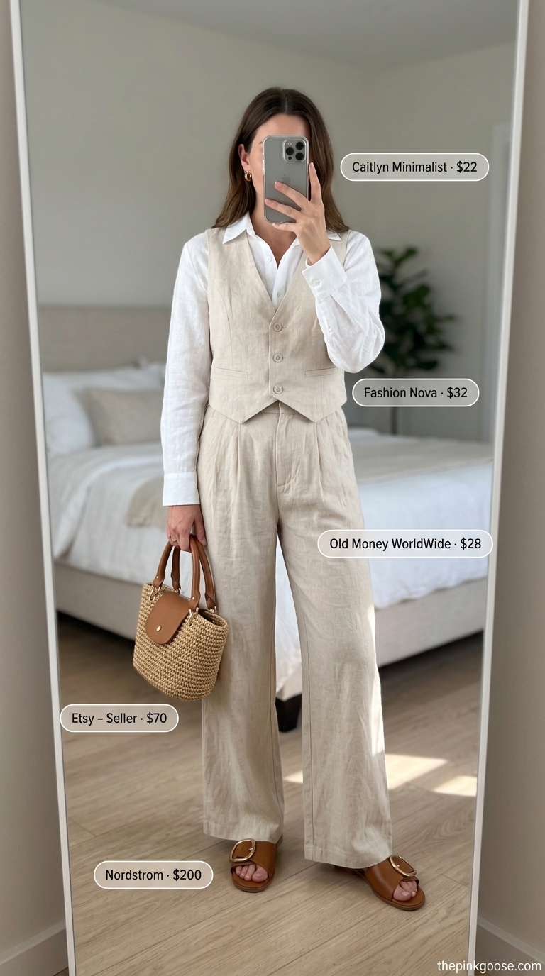 White linen co-ord set with straw tote and leather slides for women's summer outfits 2026. Beach day casual.