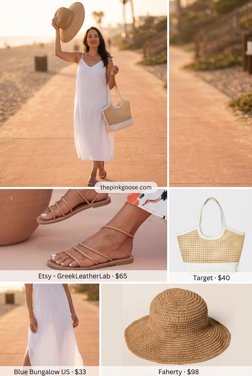 White cotton slip dress with straw hat and beach tote for summer linen shirt open over dress outfits 2026.