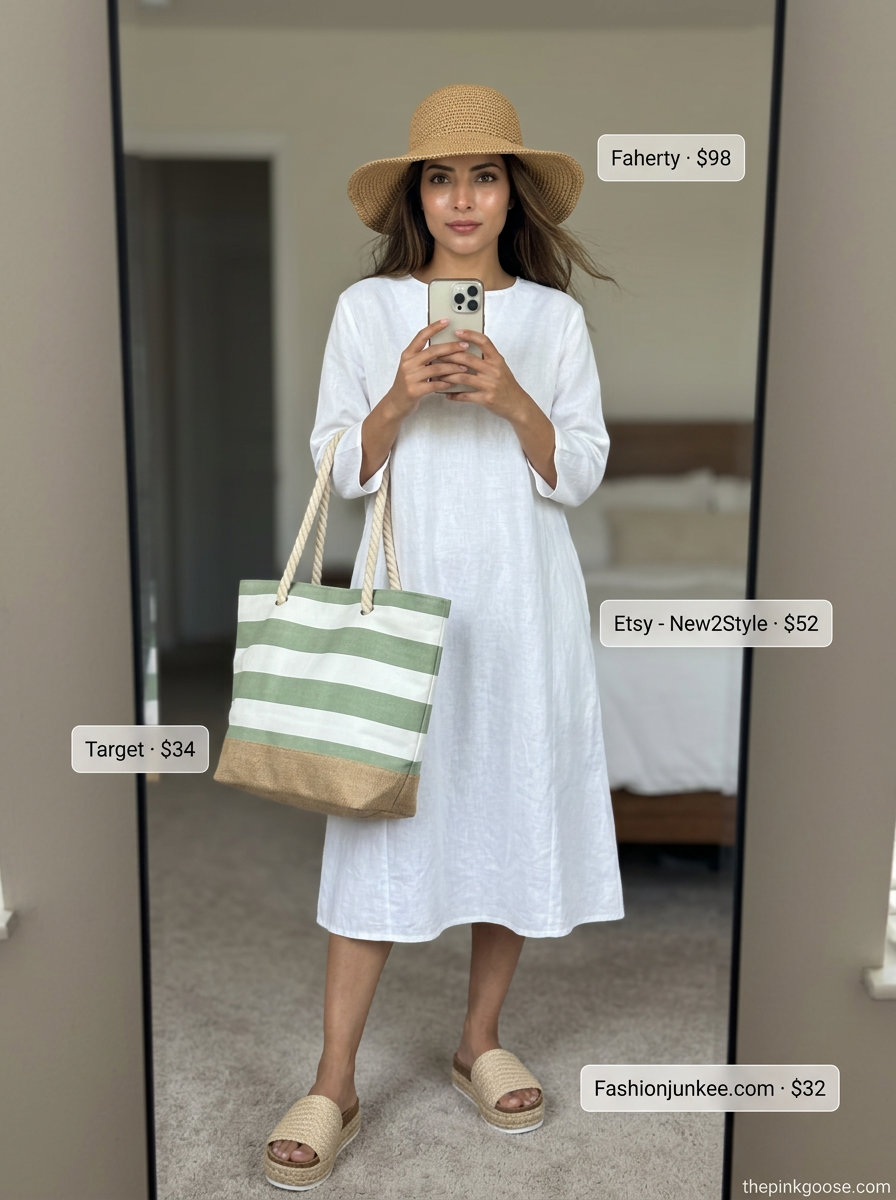 White linen shift dress as a beachside cover-up with espadrilles, canvas tote, and straw hat. Summer Linen Shirt Open Over Dress Outfits 2026.