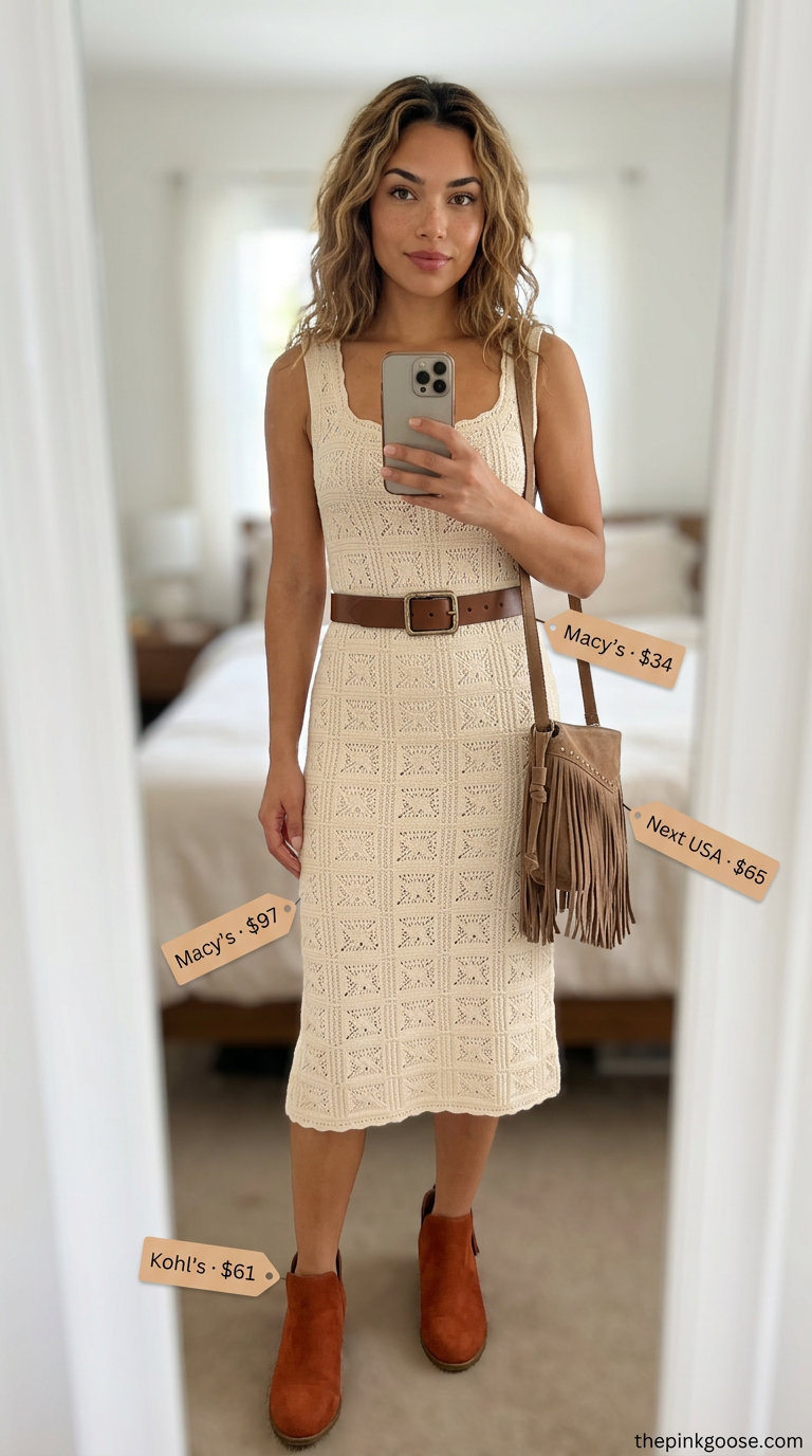 Cream crochet linen dress with suede boots and a leather belt for a boho summer linen shirt open over dress outfit 2026.