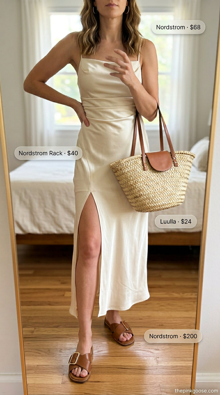 Creamy ivory satin slip dress with a natural beige linen shirt layered open, styled for a beach day. Summer Linen Shirt Open Over Dress Outfits 2026.