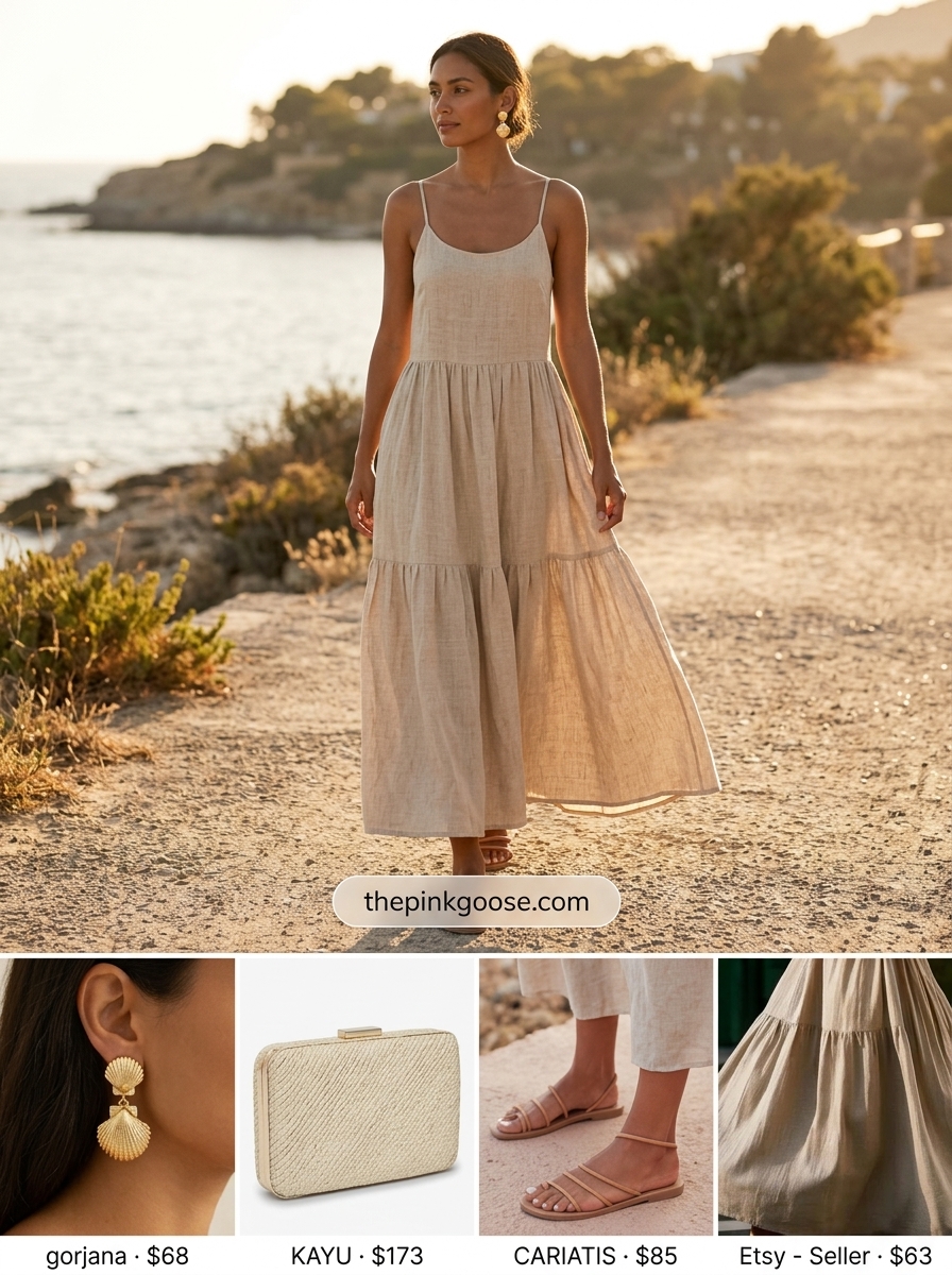 Soft coral linen maxi dress styled for a seaside dinner with straw clutch and leather sandals. Summer Linen Shirt Open Over Dress Outfits 2026.