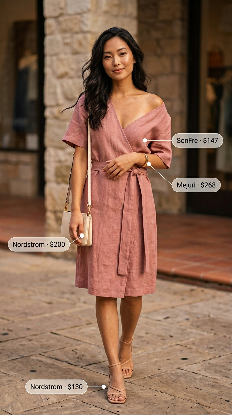 Soft coral linen wrap dress with strappy heels and gold cuff for summer linen shirt open over dress outfits 2026.