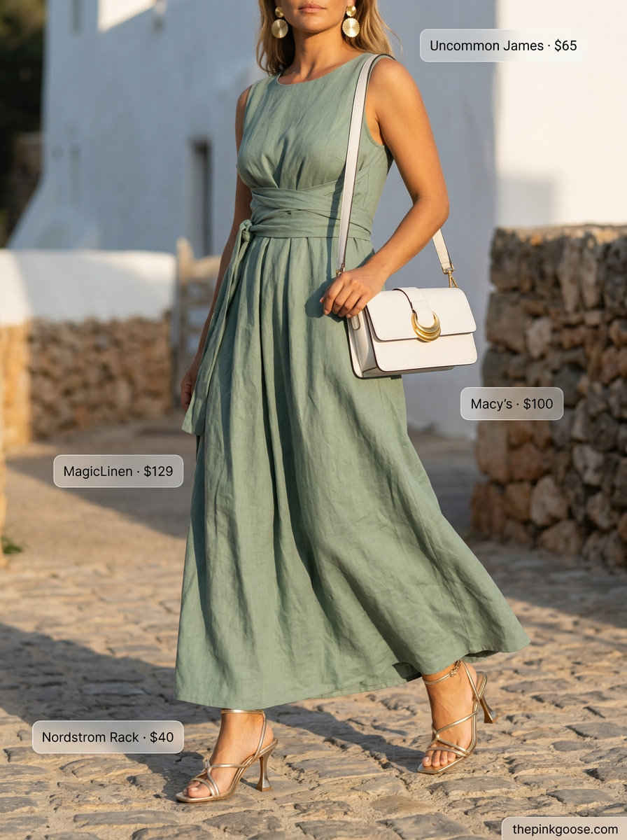 Emerald green linen dress with gold heeled sandals and statement earrings for a stylish summer evening linen shirt open over dress outfit 2026.