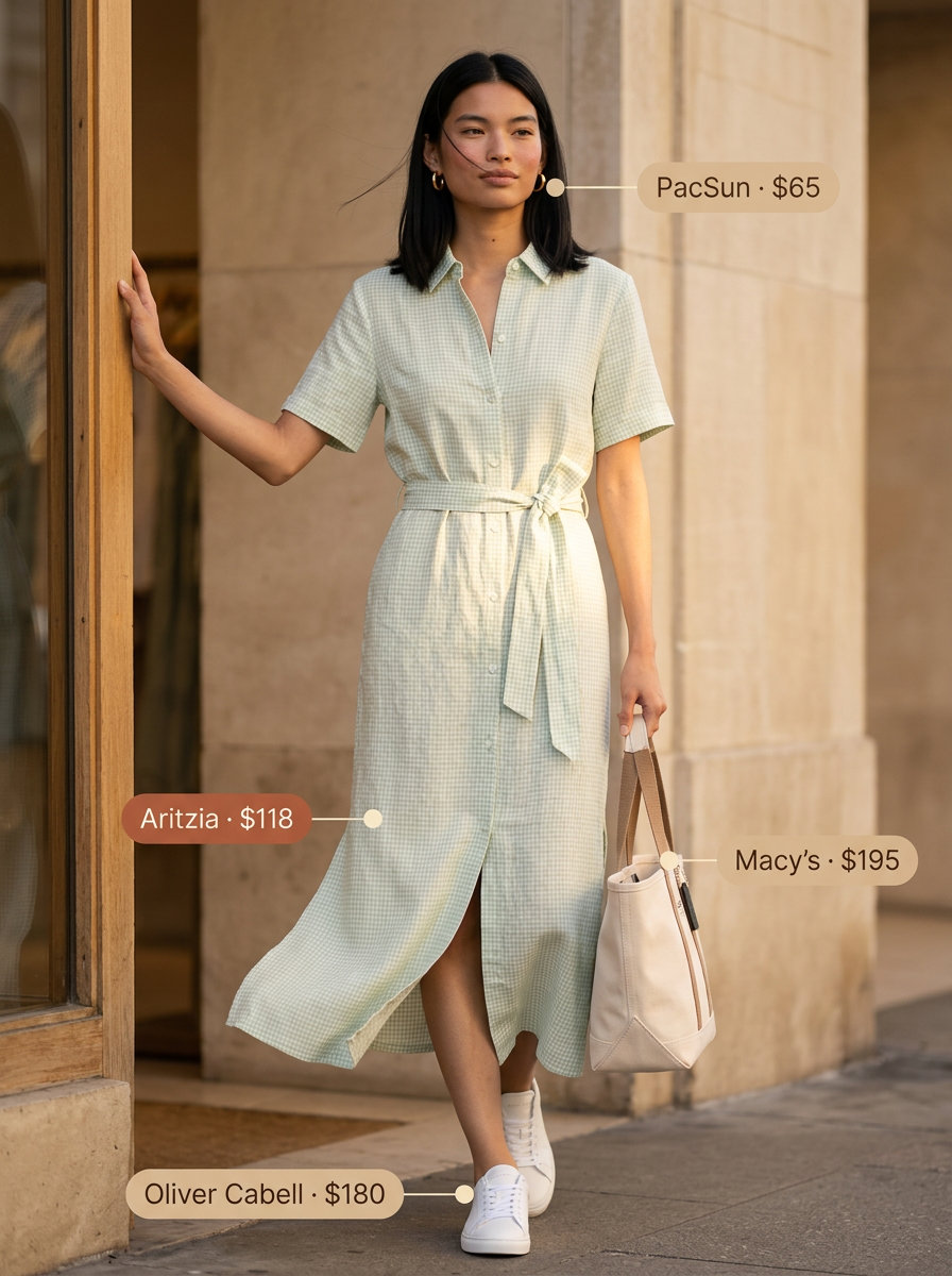 Beige linen dress with white sneakers and gold earrings for a relaxed summer linen shirt open over dress outfit 2026.