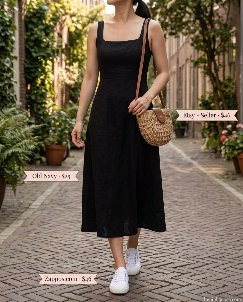 Soft pink linen dress with white sneakers and a straw crossbody bag for a playful summer linen shirt open over dress outfit 2026.