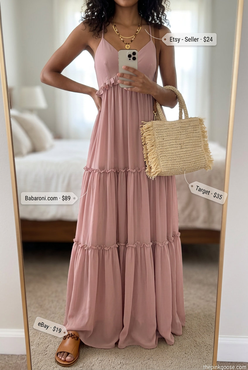 Dusty rose linen maxi dress styled for a Mediterranean vacation with layered necklaces and a woven crossbody bag. Summer Linen Shirt Open Over Dress Outfits 2026.