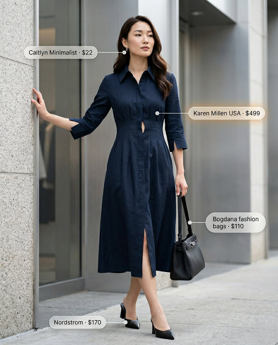 Navy blue linen midi dress with black leather mules and shoulder bag for summer linen shirt open over dress outfits 2026.