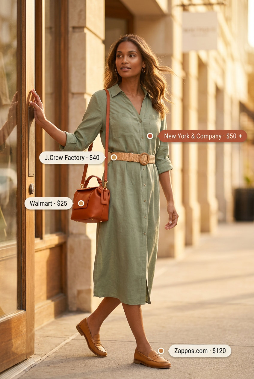 Olive green linen shirt dress with tan loafers and belt for summer linen shirt open over dress outfits 2026.