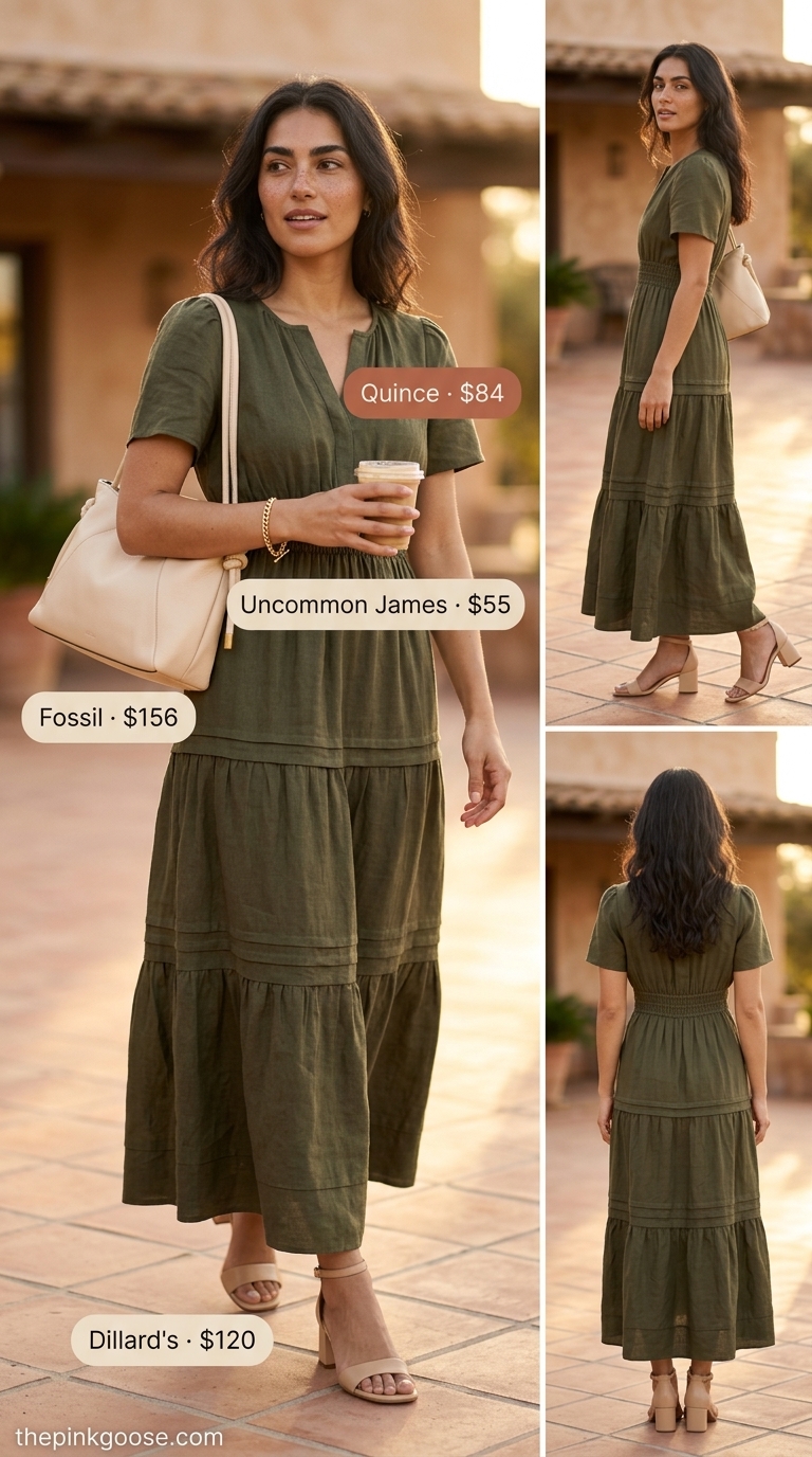 Soft olive green linen maxi dress with tan sandals and shoulder bag for summer linen shirt open over dress outfits 2026.