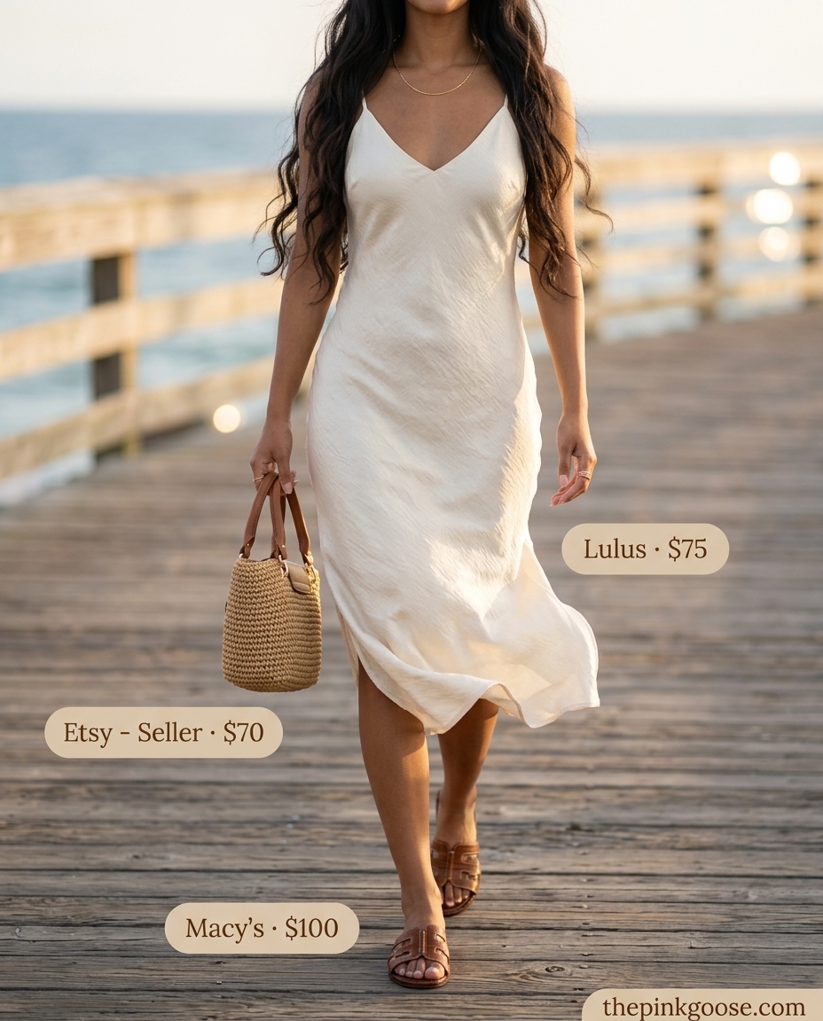 White satin slip dress with straw tote and flat sandals for summer linen shirt open over dress outfits 2026.