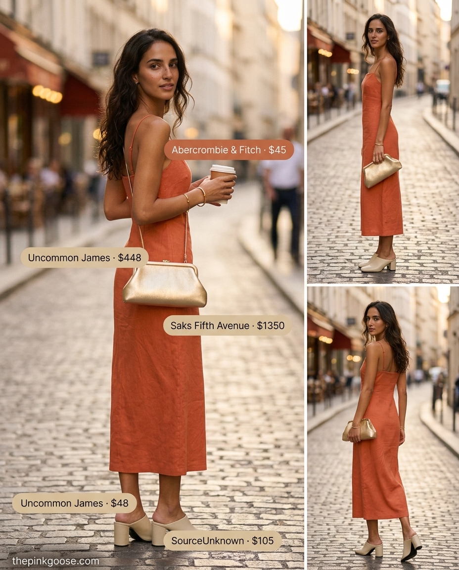 Terracotta orange linen midi dress styled for a sunset soirée with heeled mules and gold accessories. Summer Linen Shirt Open Over Dress Outfits 2026.