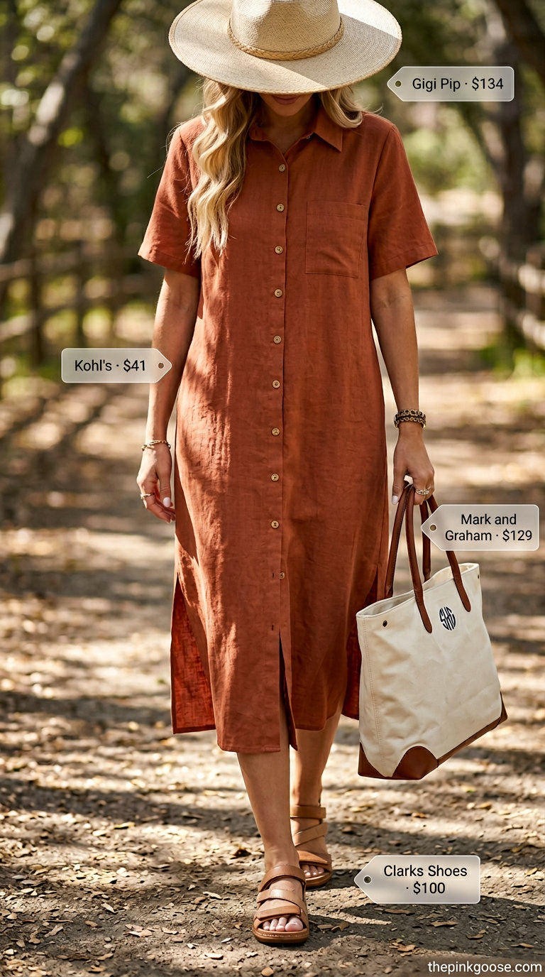 Terracotta linen shirt dress with beige sandals and canvas tote for summer linen shirt open over dress outfits 2026.