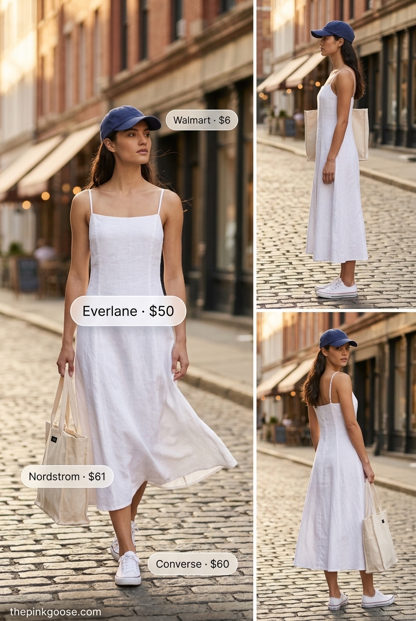 Navy blue linen dress styled for urban exploration with a baseball cap, canvas tote, and white sneakers. Summer Linen Shirt Open Over Dress Outfits 2026.