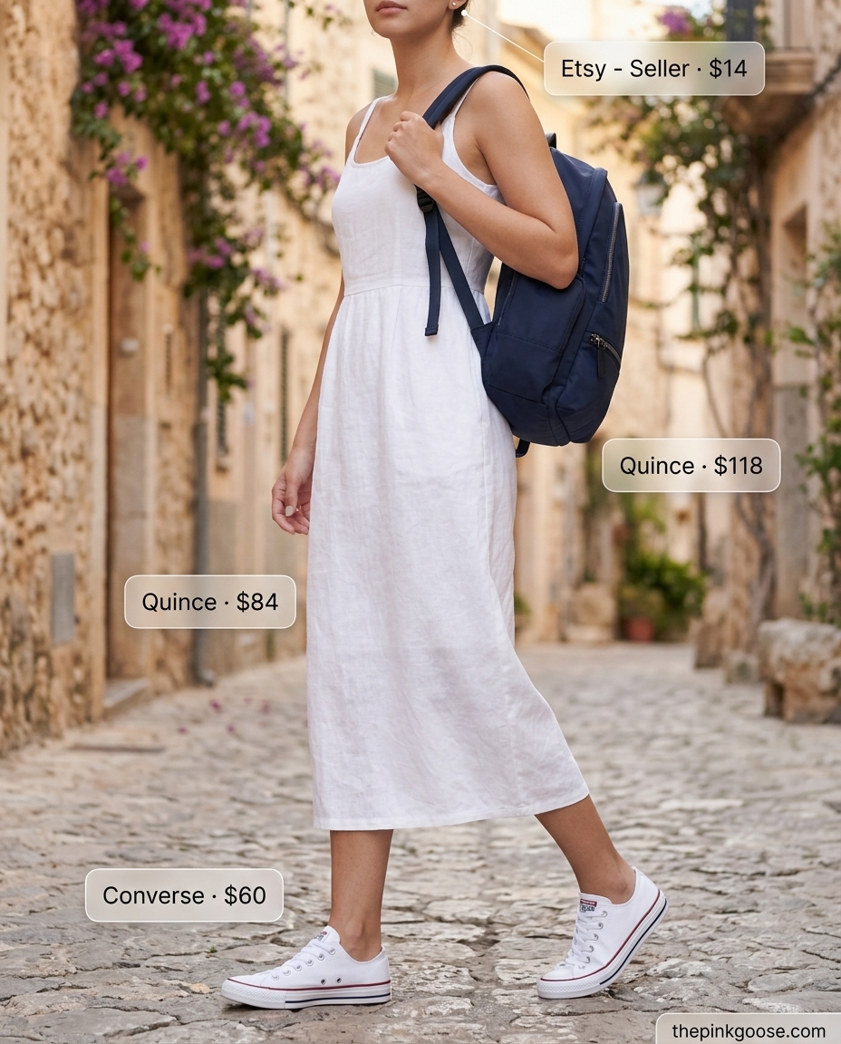 Navy blue linen tank dress with canvas sneakers and a nylon backpack for a relaxed weekend getaway summer linen shirt open over dress outfit 2026.