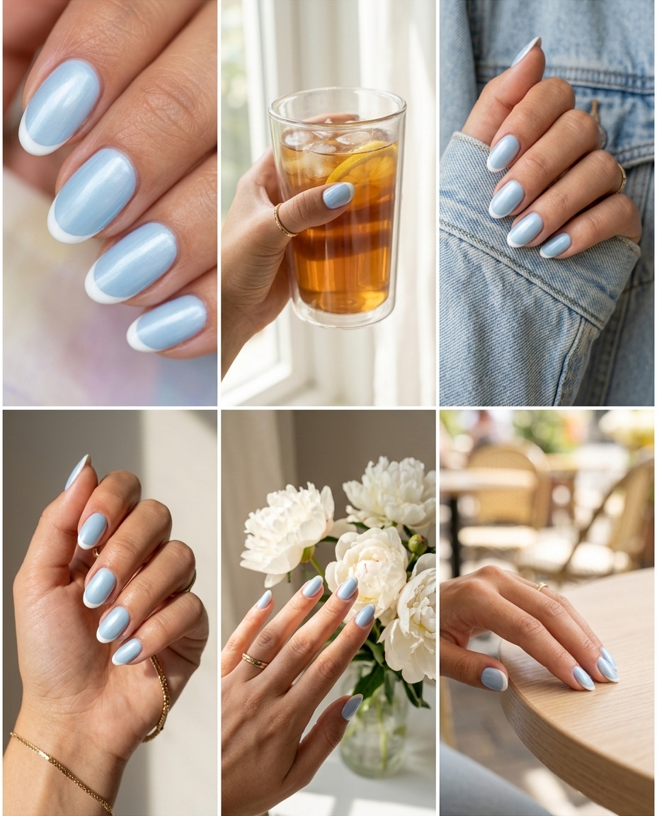Baby blue pearlescent French tip almond nails for weddings. Dreamy and romantic summer manicure colors 2026.