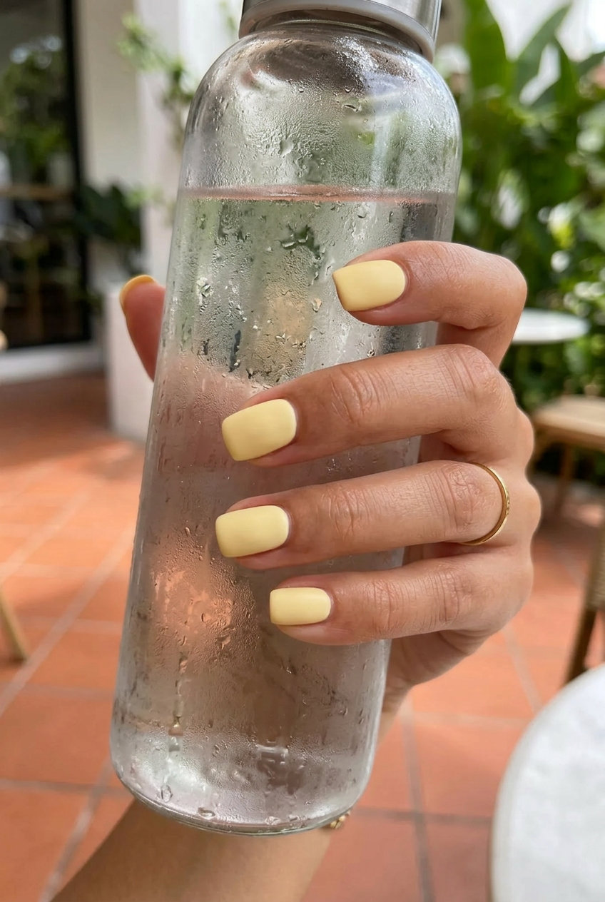 Butter Yellow Solid Matte Square nails: a sophisticated summer manicure color 2026 for daily wear.