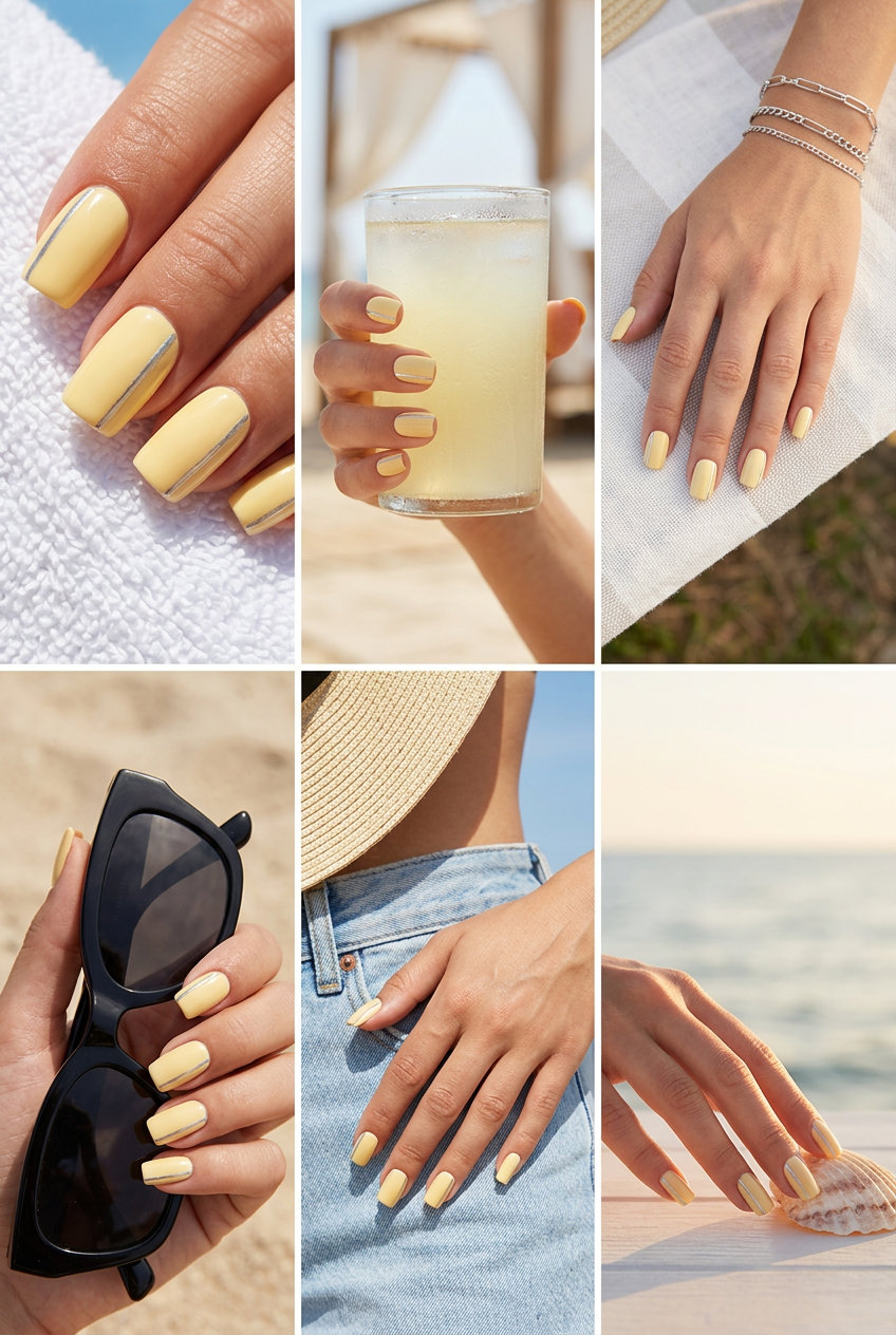 Buttercream Yellow Chrome Lines nails: a chic summer manicure color 2026 for parties and date nights.