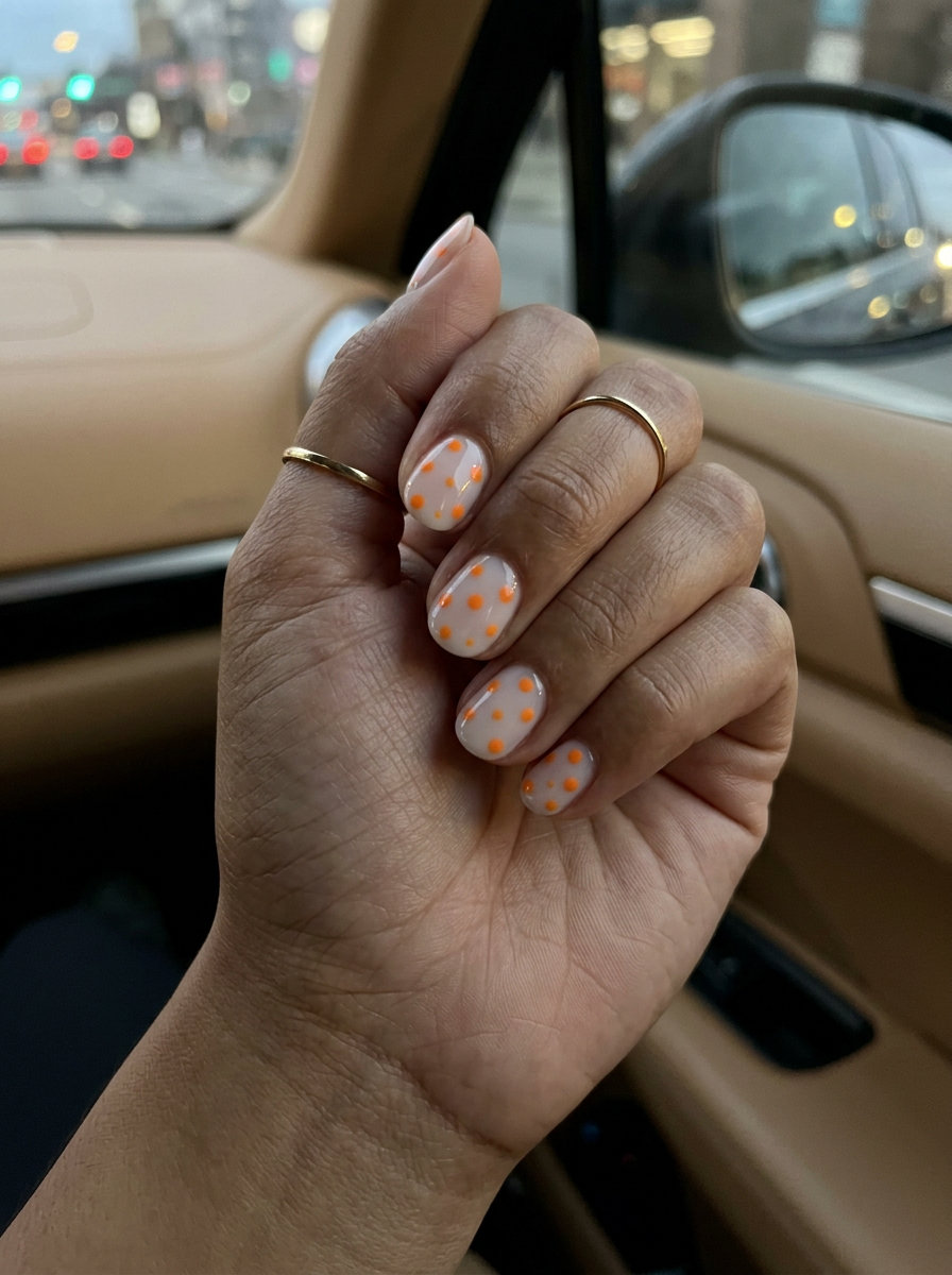 Citrus orange dot play on short squoval nails for vacation. Fun and playful summer manicure colors 2026.