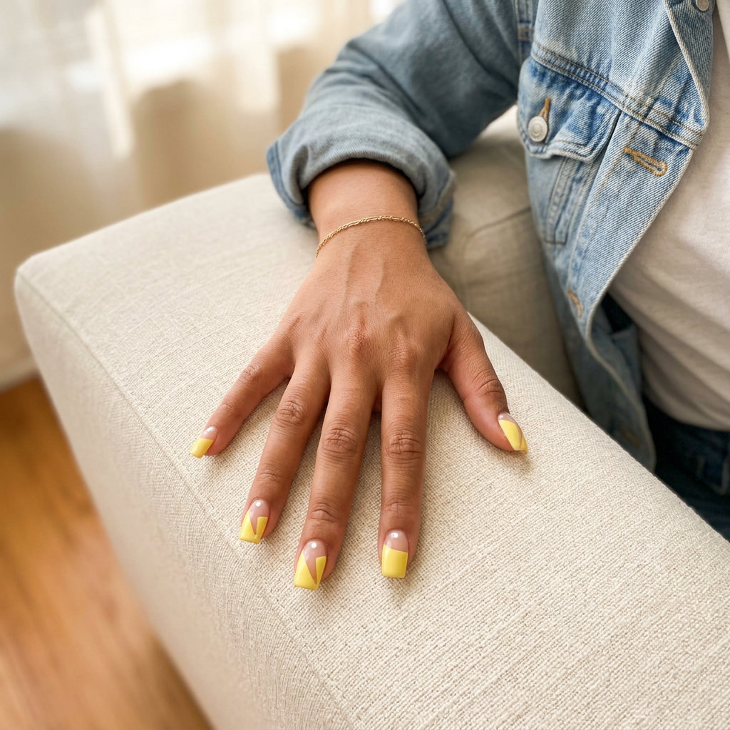 Lemon Yellow Negative Space Geo nails: a playful summer manicure color 2026 for casual events.