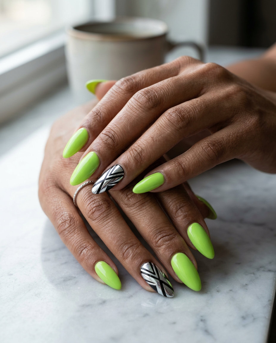 Lime green chrome flash stiletto nails for festivals. Edgy and bold summer manicure colors 2026.