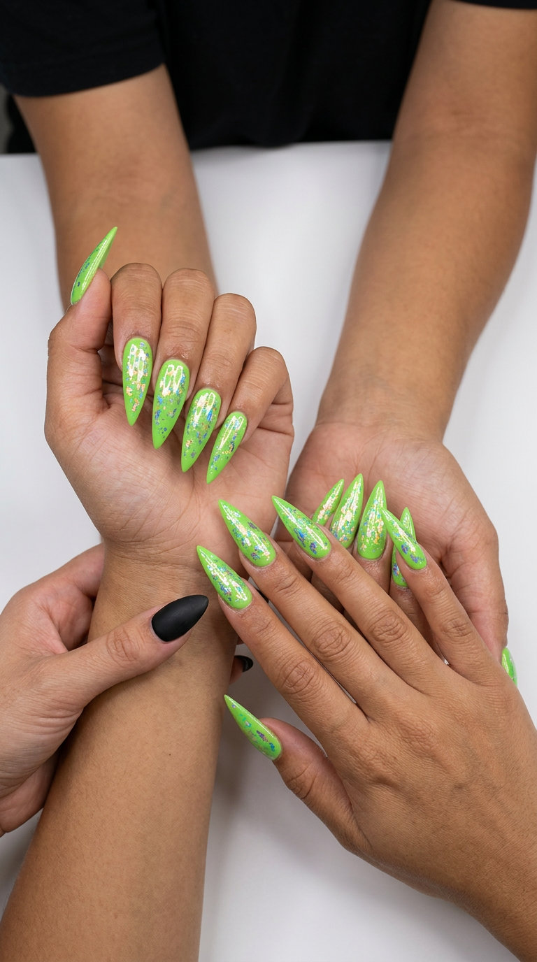 Lime Green Foil Flake Stiletto nails: a bold summer manicure for 2026, perfect for festivals.